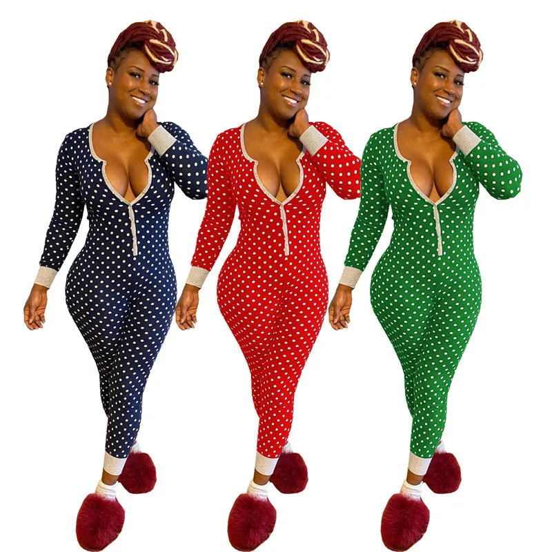 

CHRONSTYLEWomen Christmas Sleepwear Homewear Romper Polka Dot Print Button Up Long Sleeve Jogger Deep V-neck Trousers Pajamas
