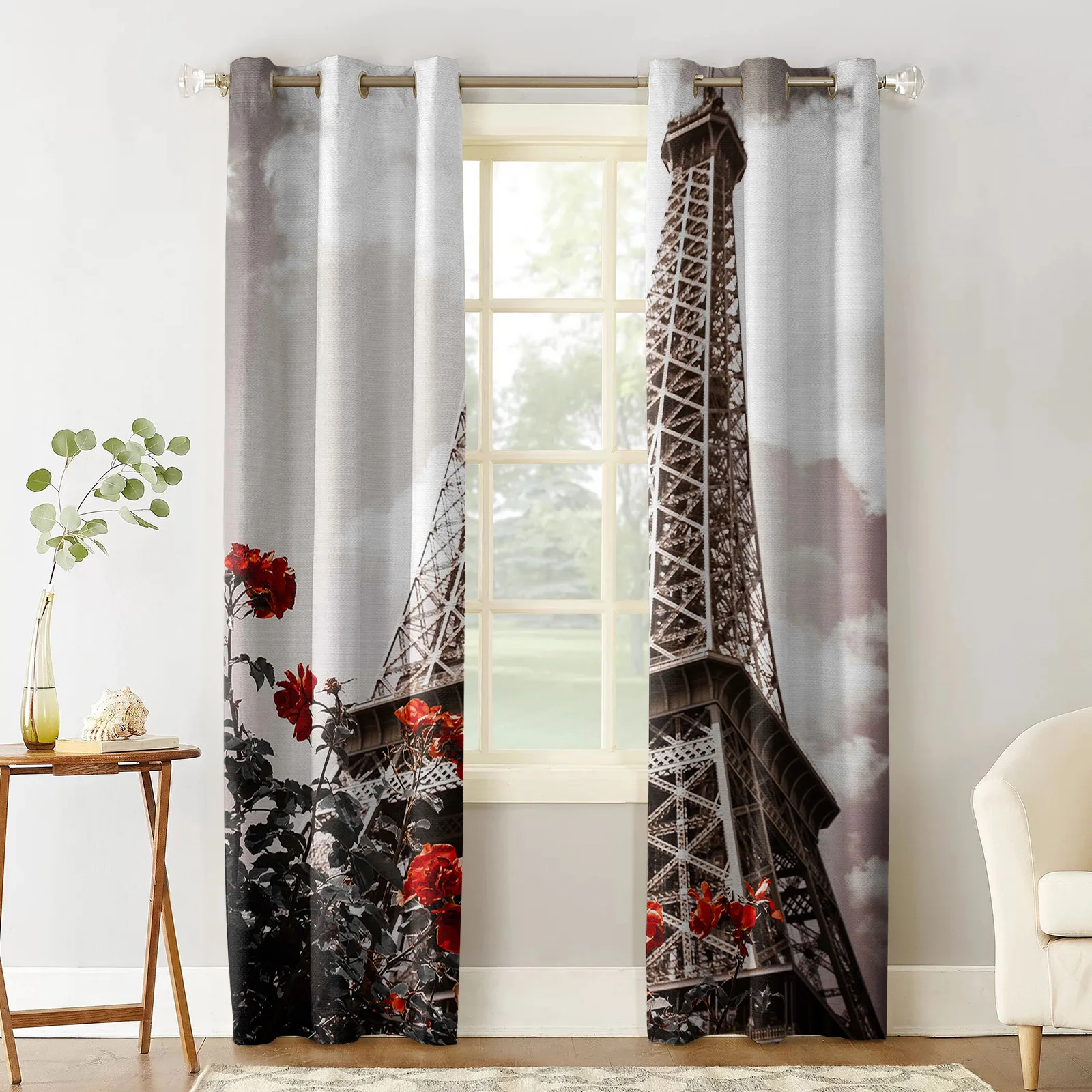 Современные светонепроницаемые шторы в стиле ретро с изображением Эйфелевой