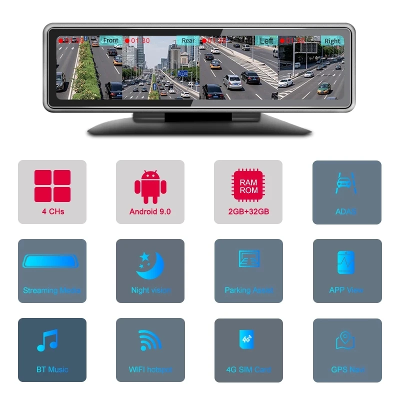 Видеорегистратор HGDO автомобильный на зеркало заднего вида 4G Android 9 ADAS FHD 1080P Wi Fi