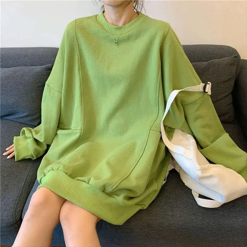 

Spring and Autumn Korean edition 2021 loose INS pure color oversized hoodie women long large size fat MM long sleeve T shirt