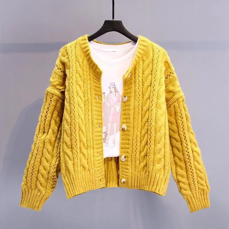 

Autumn Winter Women Cardigan Korean Style The Retro Solid Color V-neck Knitted Cardigan Loose Short Twist Sweater Coats Y119