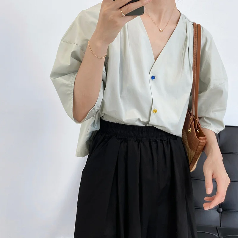 

Candy Button Shirts Women Clean Color V-neck Wash Cotton 2021 Summer Loose Bubble Sleeve Top