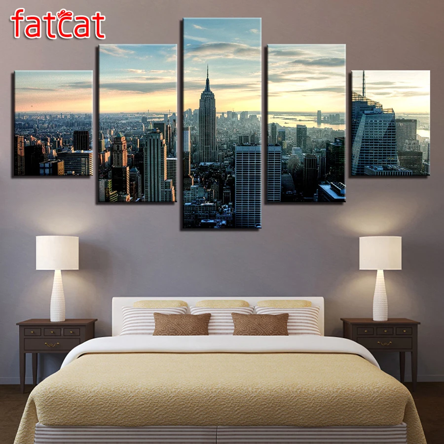 FATCAT 5 piezas paisaje de edificios de Ciudad de Nueva York Diy pintura de diamantes cuadrado completo taladro redondo diamante bordado venta decoraci&oacute;n a906-0
