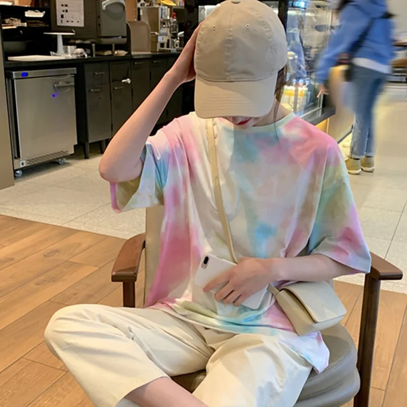 

Забавная женская футболка с принтом тай-дай в стиле Харадзюку, летняя уличная одежда, свободная футболка в стиле хип-хоп, корейская мода