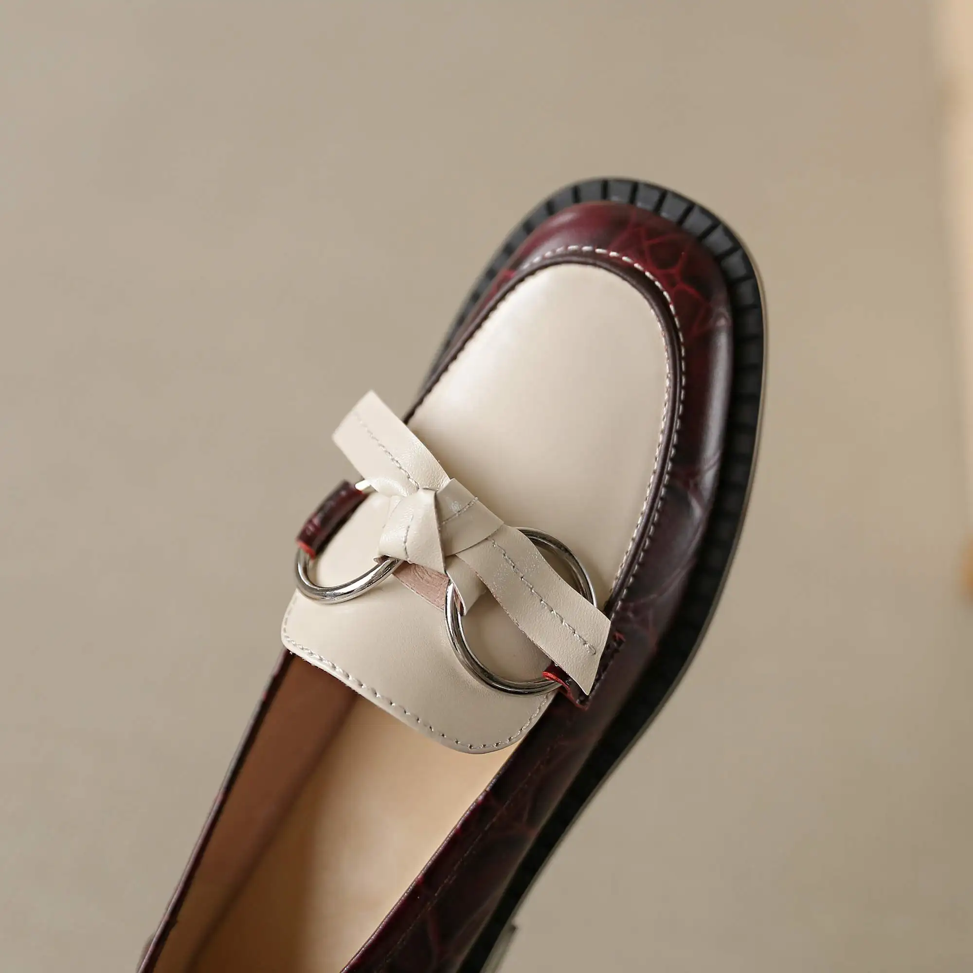 

lenkisen genuine leather round toe med heel mixed colors metal British school preppy style daliy wear slip on women pumps L31
