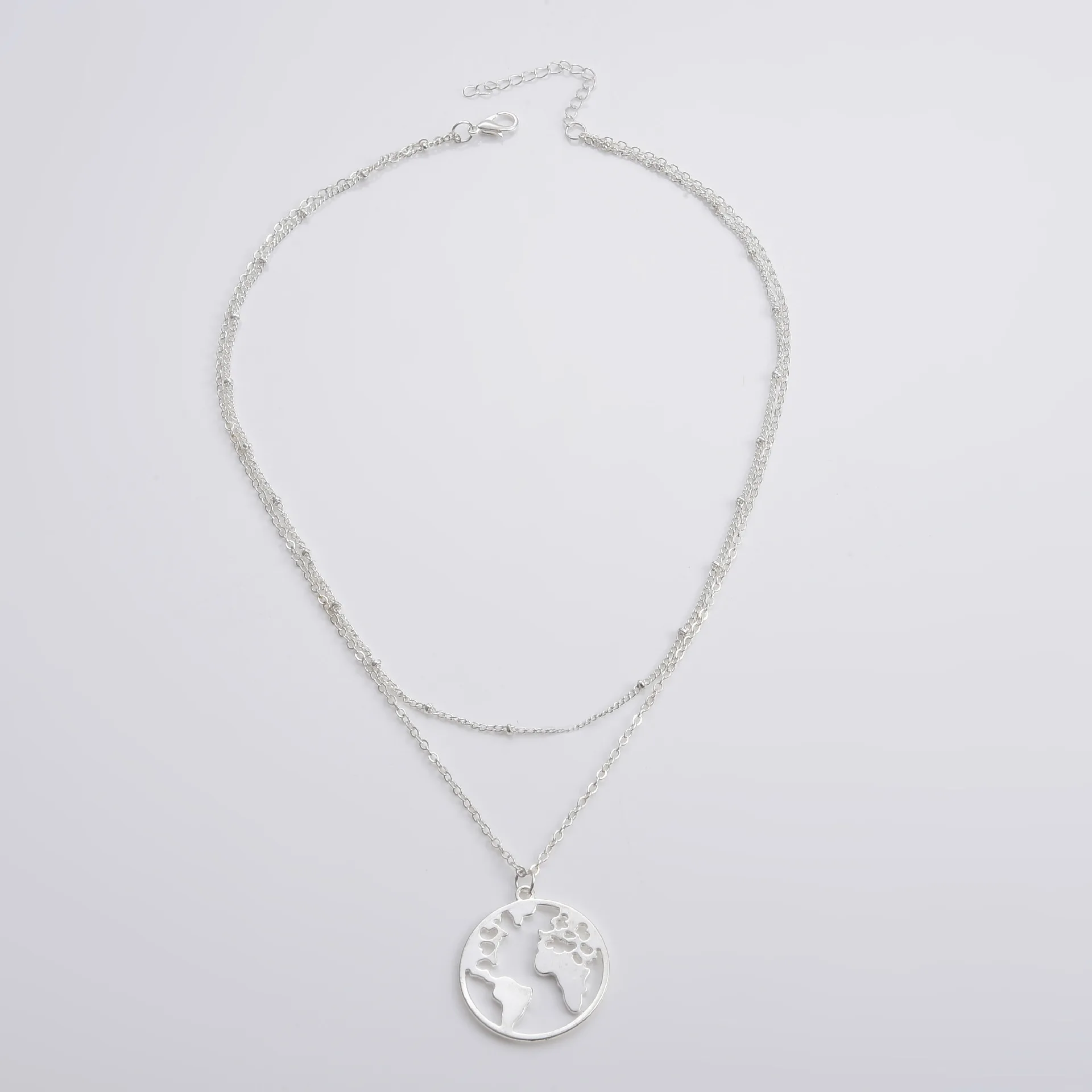 

2021 Hot Bohemia Stainless Steel Double-Layer Stars and Moon Necklace For Women Pearl Leaves Chain World Map Necklace Jewelry