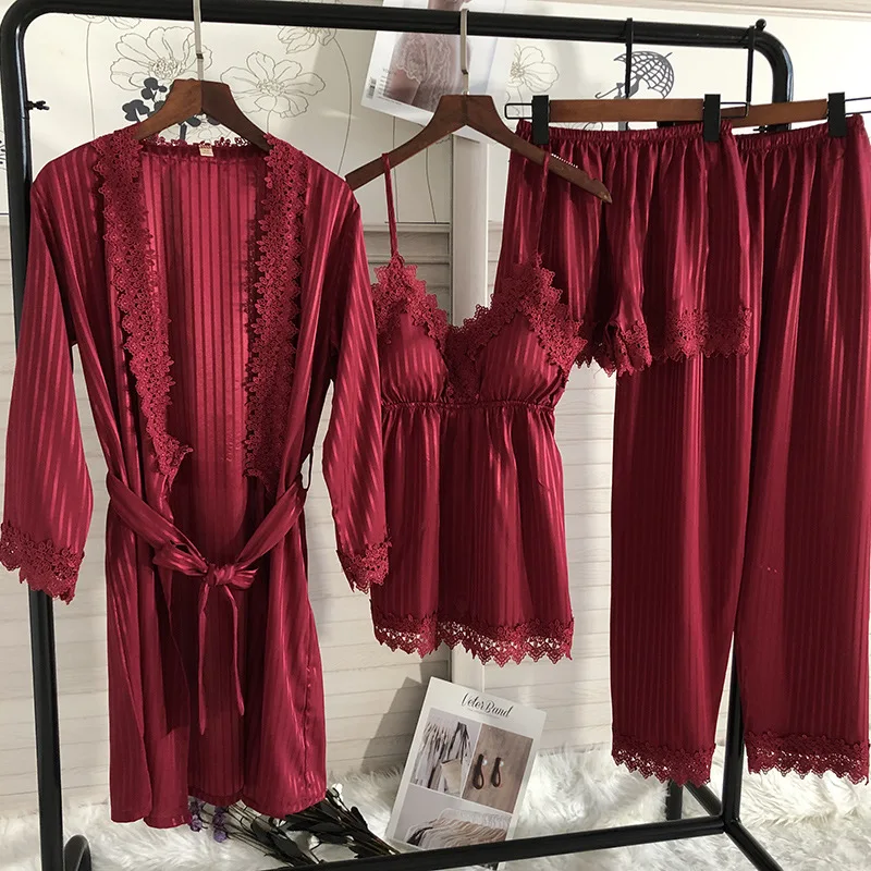 

Women Striped Nightwear Kimono Robe Set Casual 4PCS Pajamas Suit Gray Sexy Sleepwear Intimate Lingerie New Arrival Pyjamas