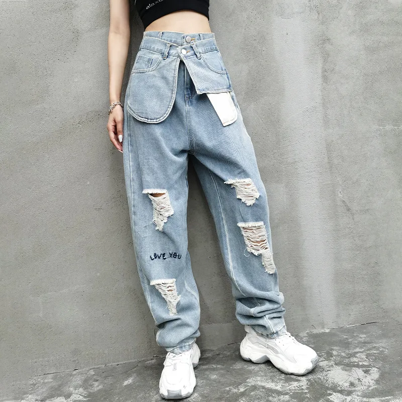 

Women's Loose High-Rise Jeans Vintage Streetwear Personality Design Hole Trendy Full Length Straight Wide Leg Denim Solid Pants
