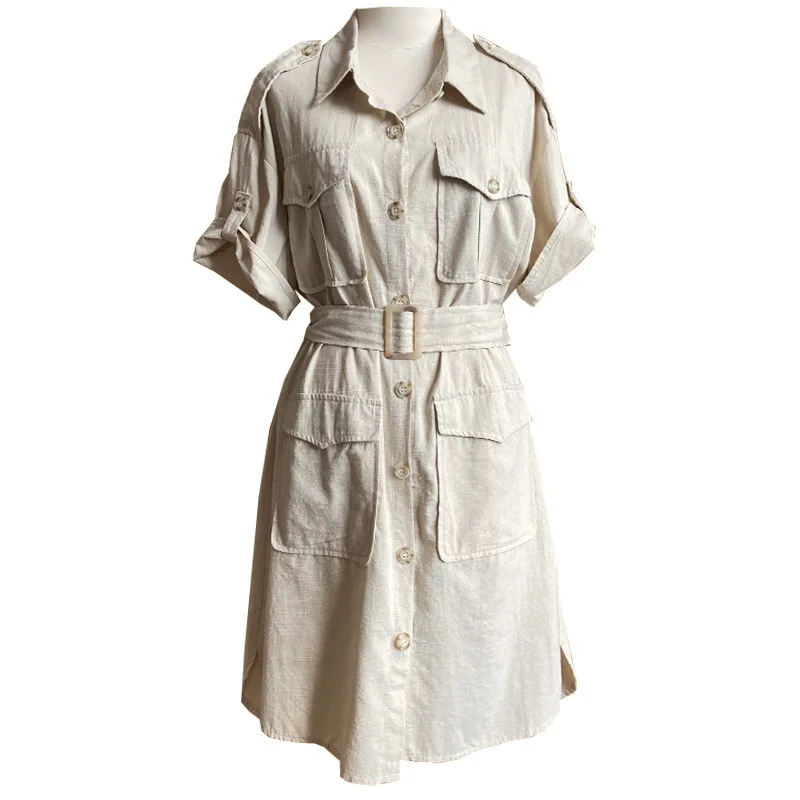 

Yeeloca Retro Temperament Dress Summer Women's Solid High Waist Lapel Casual Vestidos French Single Breasted Tooling Style Dress