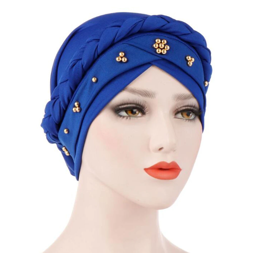 Модная мусульманская шляпа однотонный тюрбан кепка элегантные бусы коса