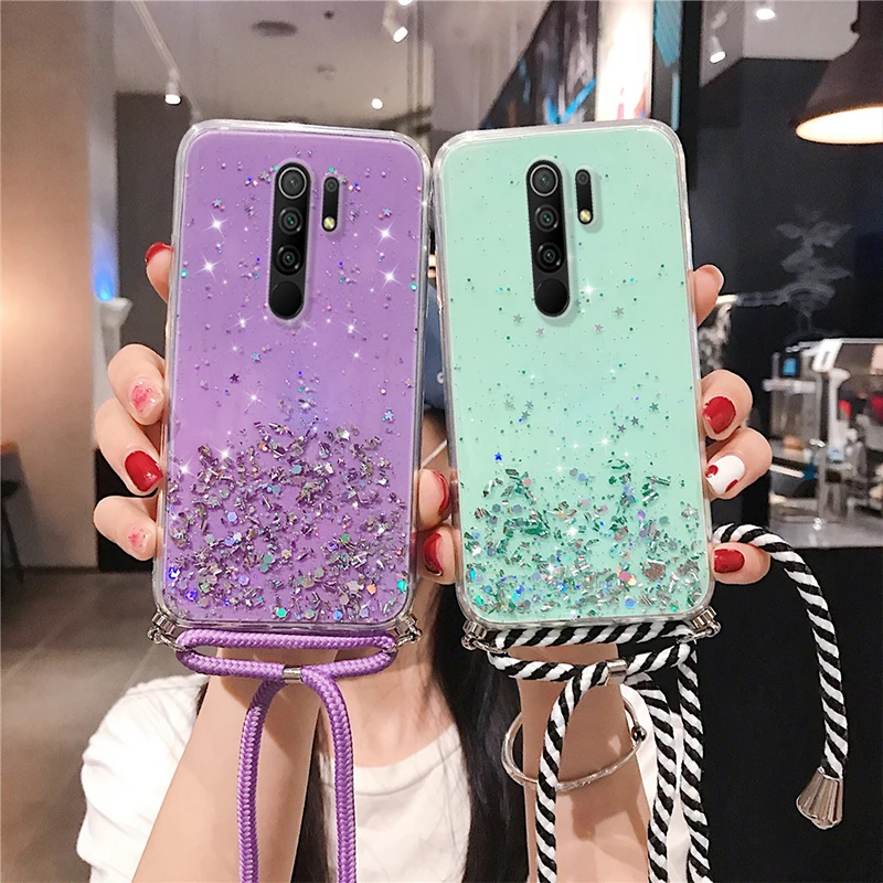 sparkle glitter strap chain phone necklace lanyard case for xiaomi redmi note 10 pro 5g note 11 9 mi 11 lite 11t 10t mi poco x3 free global shipping