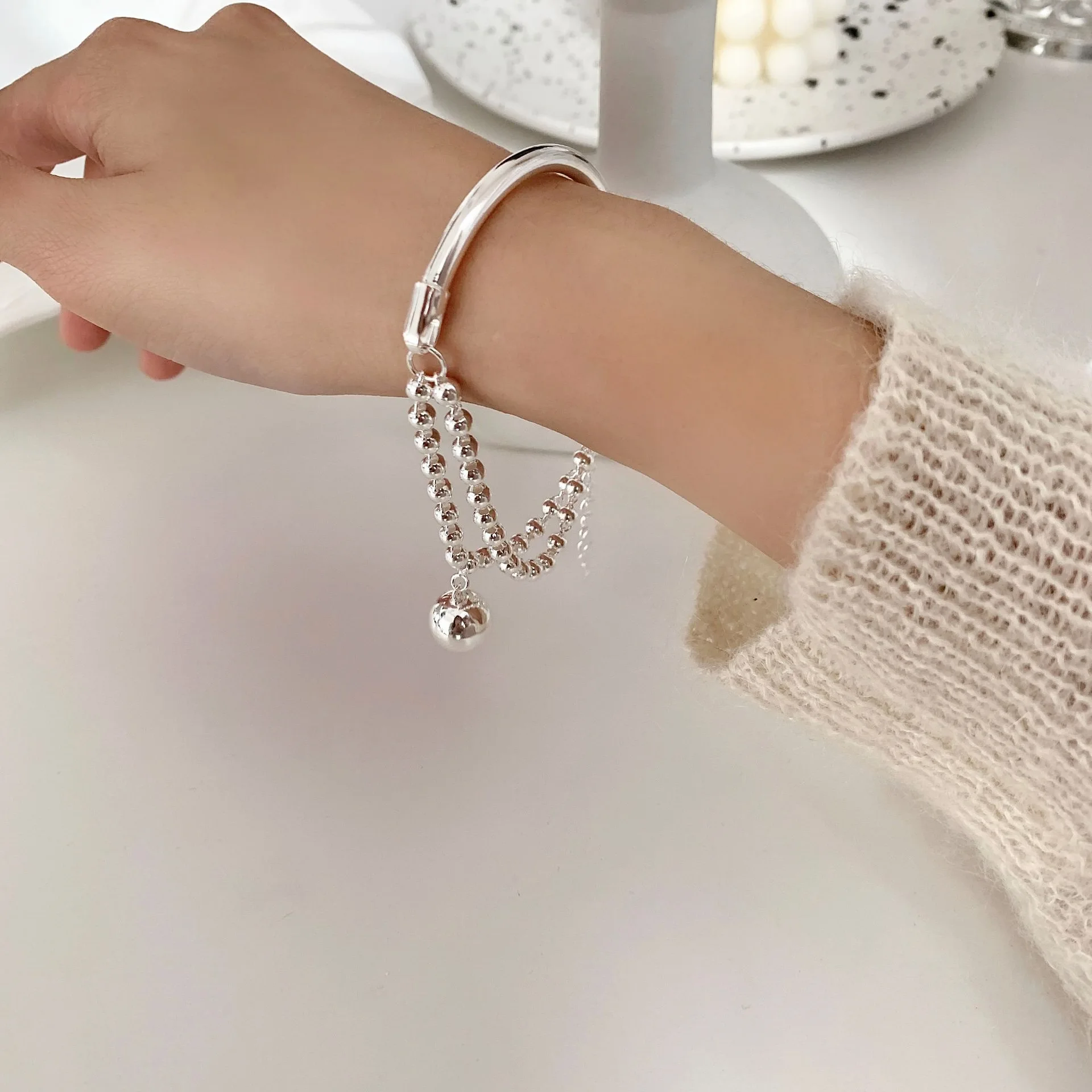 

FMILY Minimalist 925 Sterling Silver Creative Ball Bracelet Retro Fashion Wild Hip-hop Trendy Cool Jewelry for Girlfriend Gifts