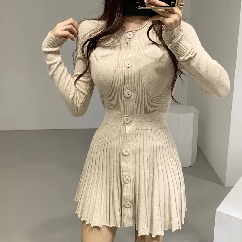 

Women Winter Dress Women 2021 New Arrivals Sexy Long Sleeve Button Pleated Two Styles Party Dresses Vestidos