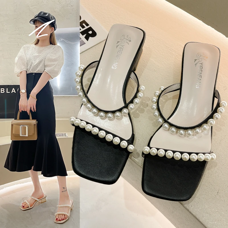 

2021 String Bead Slippers Casual Female Shoes Med Slides Square heel Luxury Soft Summer Block Basic Scandals Rubber Hoof Heels
