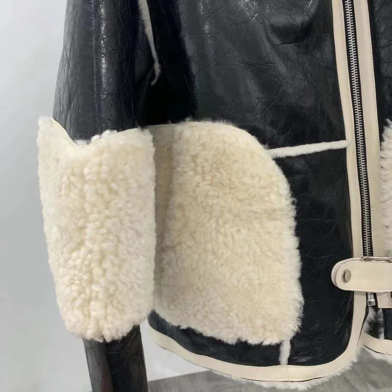 

2021 Women Coat Winter New Fashion Short Clothes Moto & Biker Natural Real Sheep Fur Jacket Imported Chapped Sheepskin