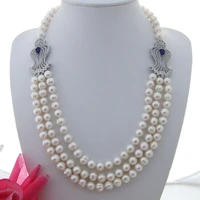 hand knotted 3strands 7 8mm white round freshwater pearl necklace micro inlay zircon accessories pearl pendant long 53 58cm