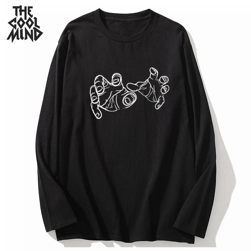 

COOLMIND 100% cotton long sleeve cool streetwear hand print men T shirt casual o-neck men tshirt loose t-shirt men tee shirts