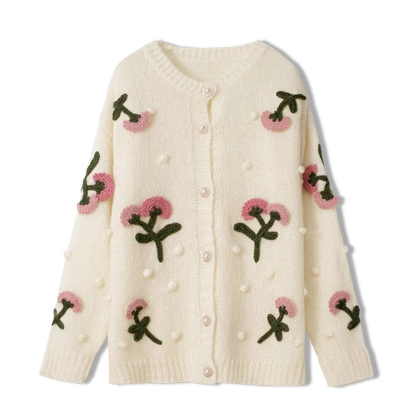 

Женский винтажный кардиган, теплый однобортный вязаный кардиган с круглым вырезом и цветочной вышивкой, пальто на осень и зиму