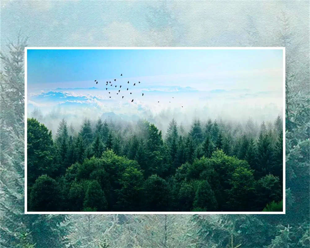 Custom wallpaper mural simple and stylish Nordic minimalist misty forest distant mountain birds background wall | Обустройство дома