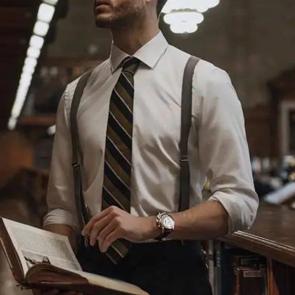 

New Man's Solid Black Suspenders Tie Set Real Leather 6 Button Brace Strap Fashion Elastic suspensorio Adjustable 3.5cm DiBanGu