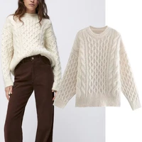 za autumn cable knit sweater women long sleeve o neck loose knitted tops feminine oversized jumpers elegant chic warm sweaters
