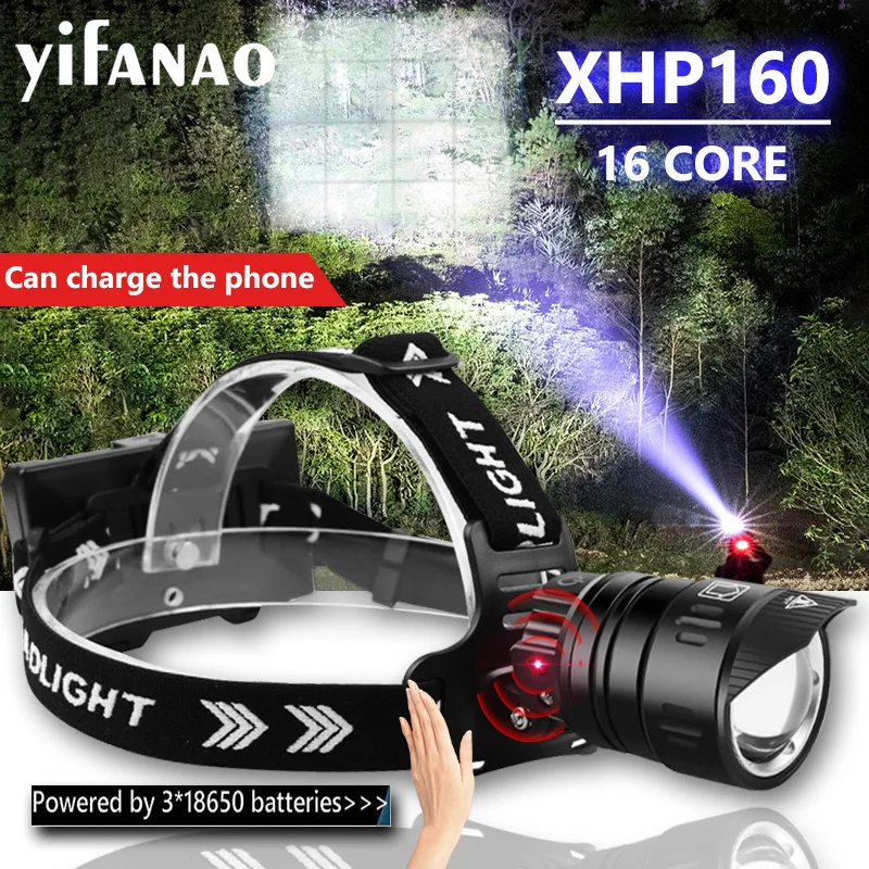 Мощный светодиодный налобный фонарь XHP160 с ИК датчиком 7800 мАч USB зарядка 18650 зумом