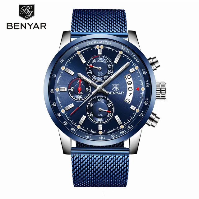 S-silver blue Мужские часы BENYAR, новинка, топ класса люкс, бренд, Бизнес Стиль, дата, мужские часы, сетка, нержавеющая сталь, кварцевые часы с хронографом, zegarek meski - Цвет: S-silver blue