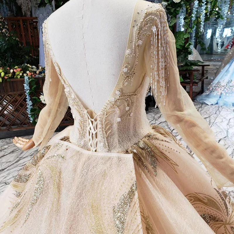 

HTL480 champagne ball gown wedding dress plus size o neck long sleeves v-back lace bride dress gown vestido de novia manga larga