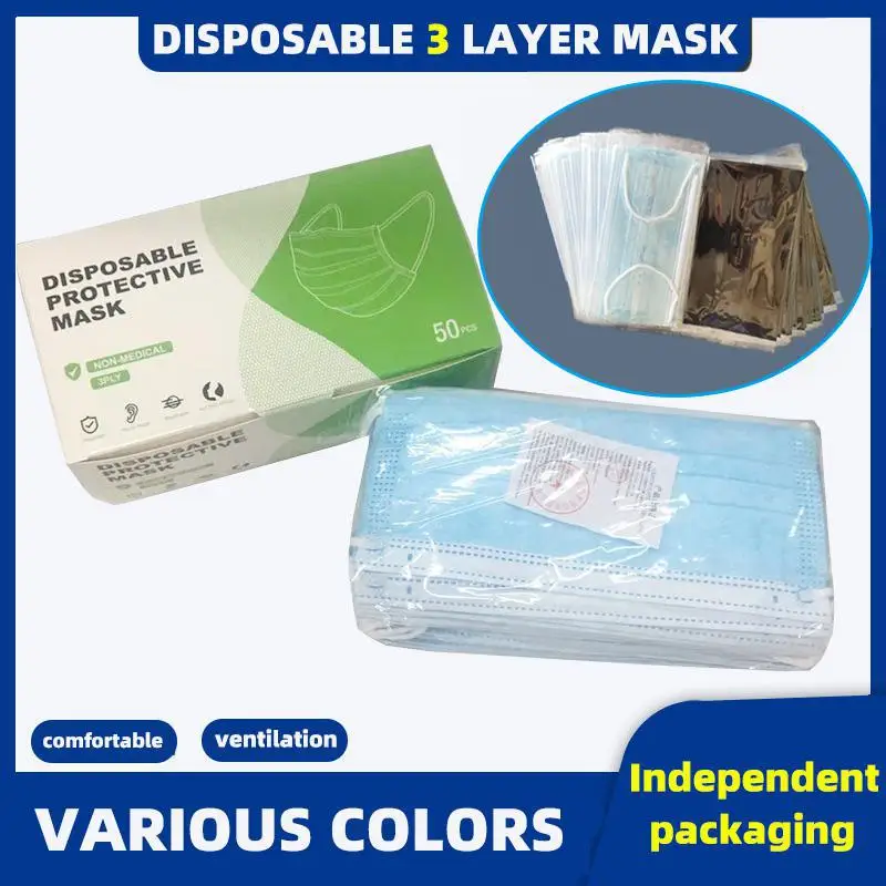 

50pcs/box Disposable 3-layer Filter Non-woven Mask Independent Separate Packaging Breathable Blue Black Adult Face Mouth Mask