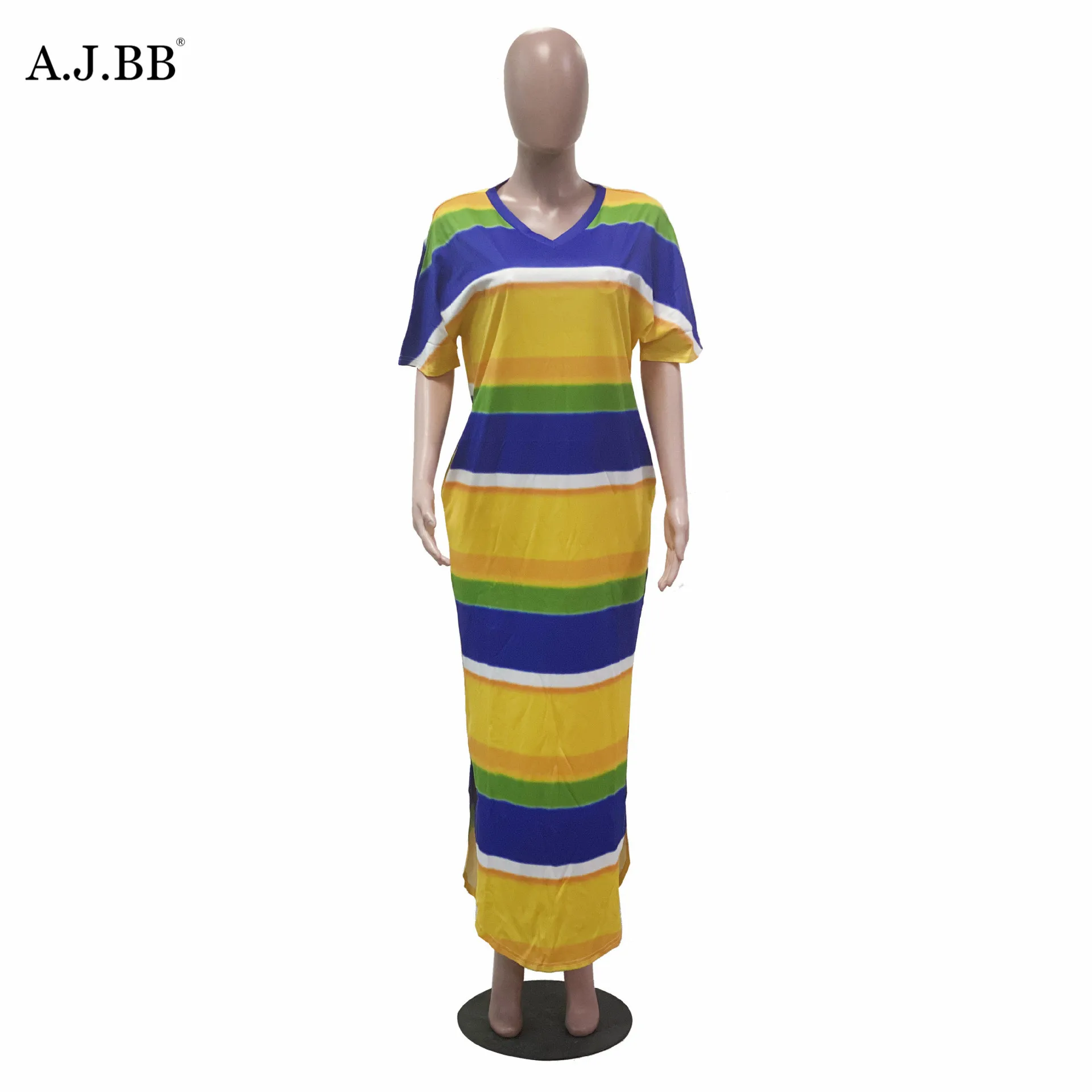 

European summer Stripe Print Dress Fashion loose V-neck short sleeve women's long skirt