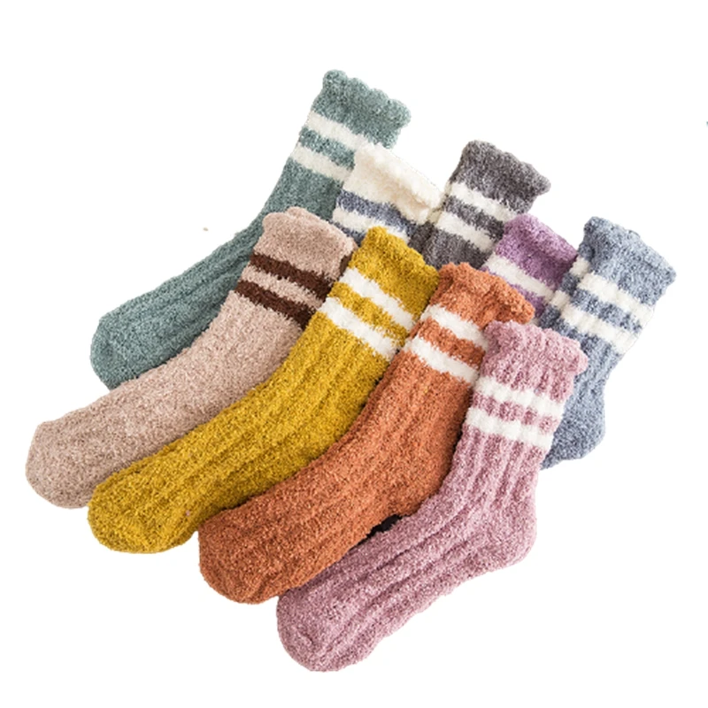 

Socks Autumn and Winter Coral Fleece Floor Socks Warm Socks Stripes Thickened Ladies Mid-tube Sleep Socks Wholesale calcetines