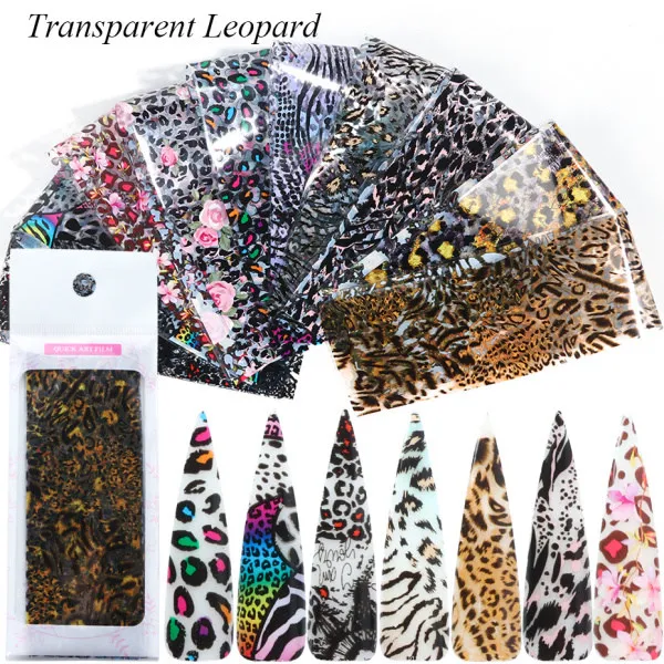 Transparent Leopard 10 шт., леопардовая печать, фольга для ногтей, лазерная переводная слайдер, наклейка с буквами, цветами, обёрточная бумага для ногтей, наклейка, 3D украшение, советы для маникюра LA2001 - Цвет: Transparent Leopard