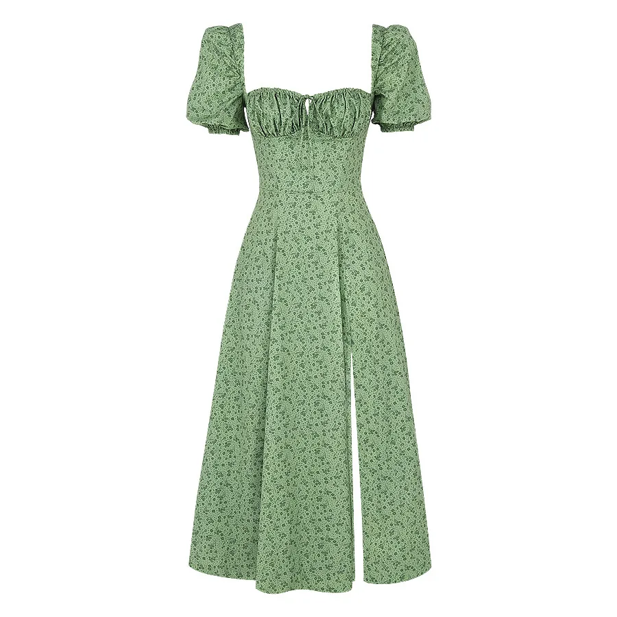 

Beyouare Bohemian Style Women Dress Puff Sleeve Floral Print Square Collar Folds Bandage Split Long Dresses Summer Elegant Lady