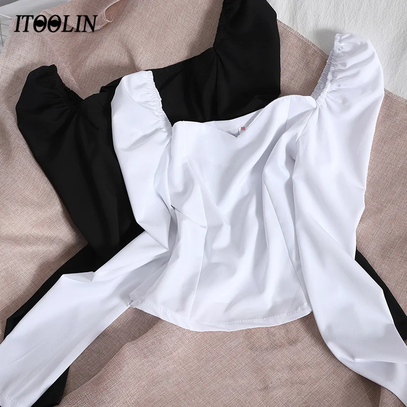 

ITOOLIN Spring Elegant Blouse Women Puff Sleeve White Shirt Femme Casula Solid Color One Shoulder Slim Fit Crop Top