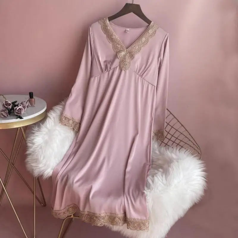 

Satin Sexy Nightgown Homewear Women Nightgown Intimate Lingerie V-Neck Nightwear Summer New Long Sleeve Home Dressing Gown