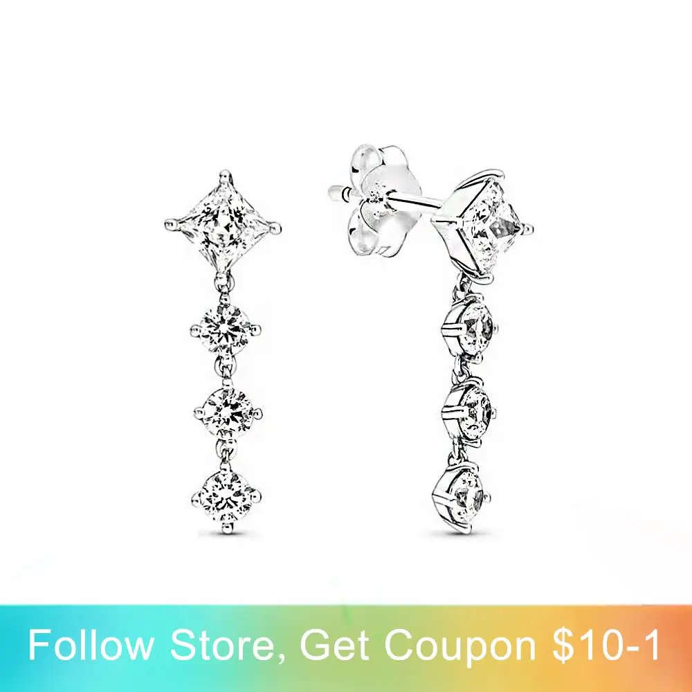 

Ahthen 925 Sterling Silver Stud Earrings Square drill with three drills Cubic Zirconia Statement Stud Earrings Women Earrings