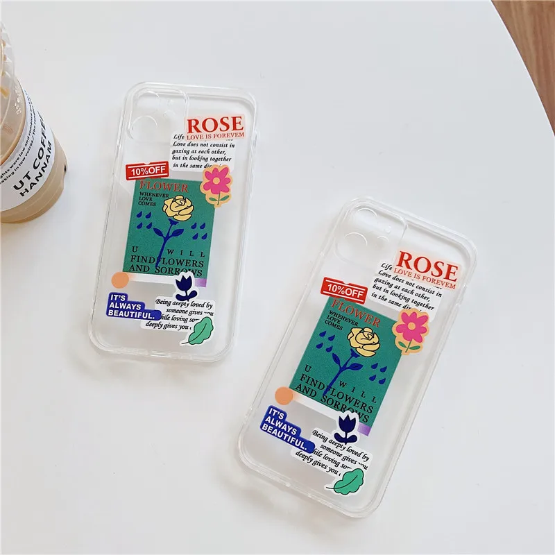 

INS Rose Flower Label Phone Case for IPhone 12 Mini 11 Pro Max X Xr Xs Max 7 8 Puls SE2020 Cases Soft Silicon Clear Cover