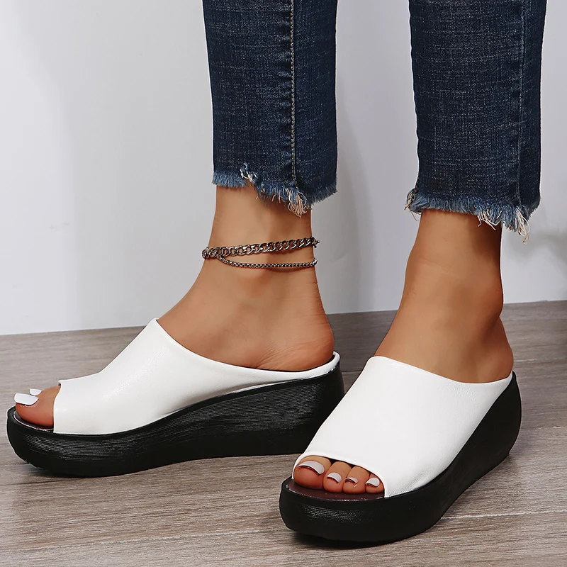 

White Wedges Heels Summer Slippers Women Vintage Pu Leather Thick Platform Sandals Woman Peep Toe Outdoor Beach Slides
