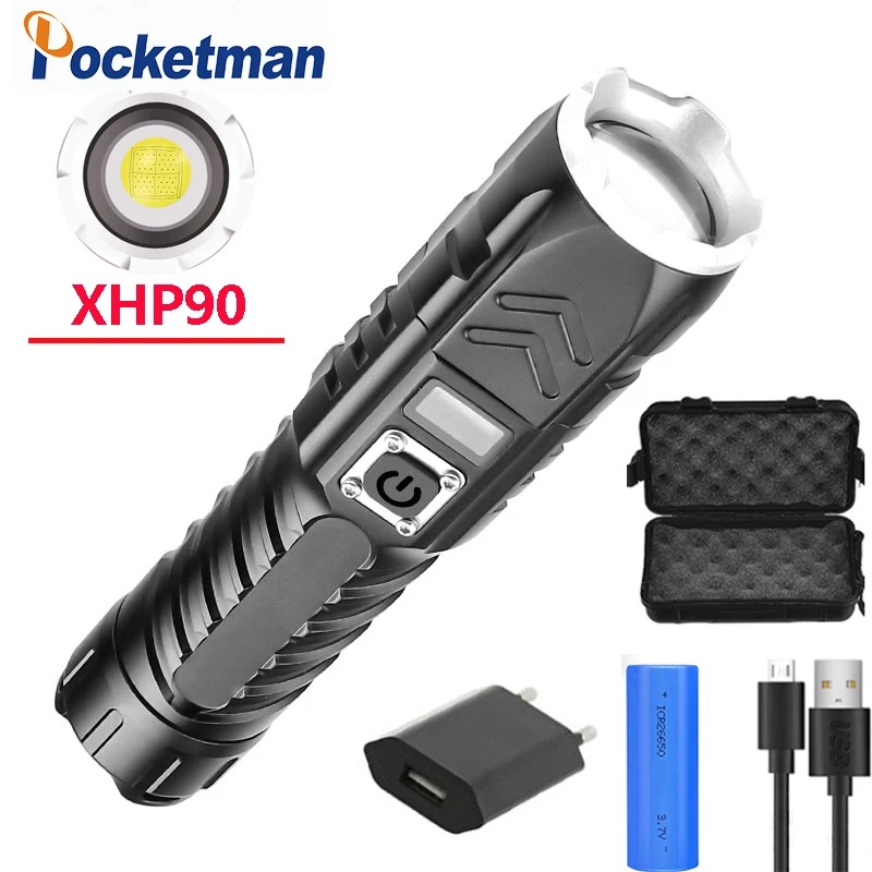 

Новейший фонарик XHP90 с телескопическим зумом, светодиодный фонарь с 4 режимами, фонарь с дисплеем питания, внешний аккумулятор, функция SOS
