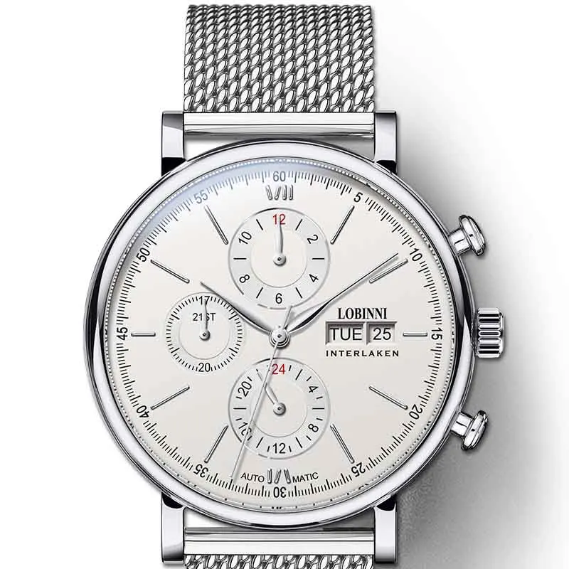 Silver White Steel LOBINNI Элитный бренд, механические часы Мужские автоматические мужские часы 50 м Водонепроницаемые Мужские часы Мужские сапфировые 24 часа montre homme - Цвет: Silver White Steel