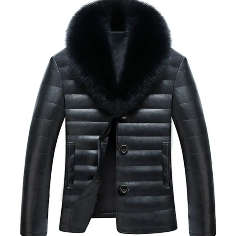 Мужские кожаные куртки с меховым воротником большие размеры деловая Черная