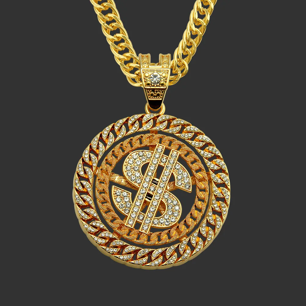 

Позолоченный Кулон из сплава 18 К в стиле хип-хоп, инкрустированный блестящими бриллиантами, кулон в виде доллара США, геометрическое ожерел...
