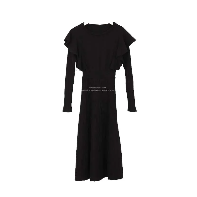 

2020 Autumn And Winter Women New Korean Ruffled Sleeves O-Neck Slim Solid Knit Sweater Dress Elegant Ladies Party