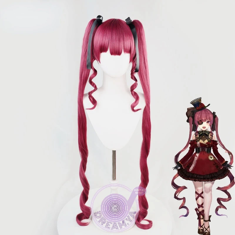 

VTuber Houshou Marine Cosplay Wig Gothic Hololive Youtuber Wine Red Long Curly Ponytails Lolita Girls Synthetic Hair + Wig Cap