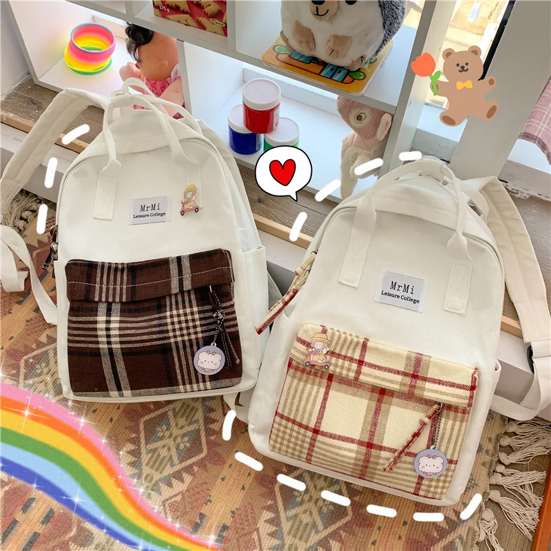 

Female Canvas Backpacks for School Teenagers Girls Small Fresh Plaid School Bag Kawaii Bookbag Korean College 2020 New Mochilas