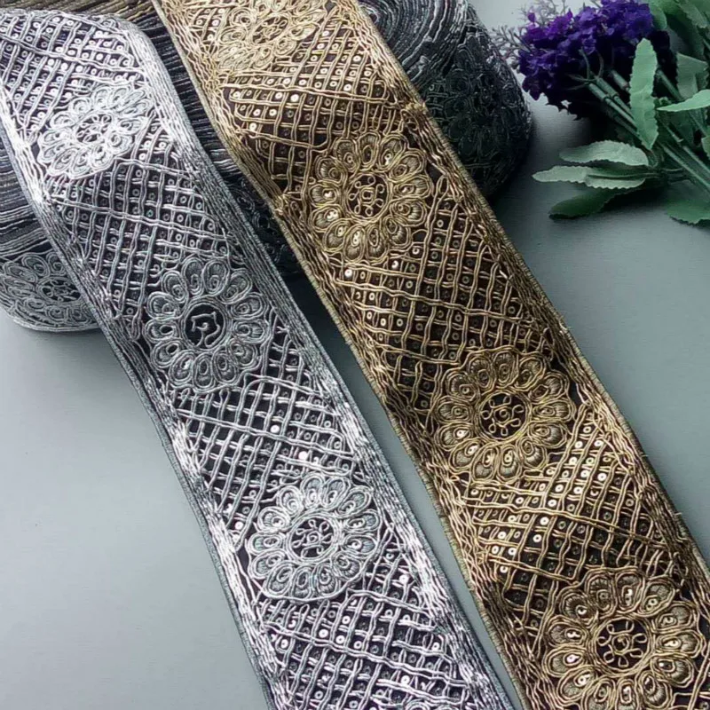 1 Yards Silver Gold 8cm Ethnic Thread Sequins Webbing Ribbon Tape Shoes Dress Embroidered Lace Trims DIY Sewing Accessorie | Дом и сад