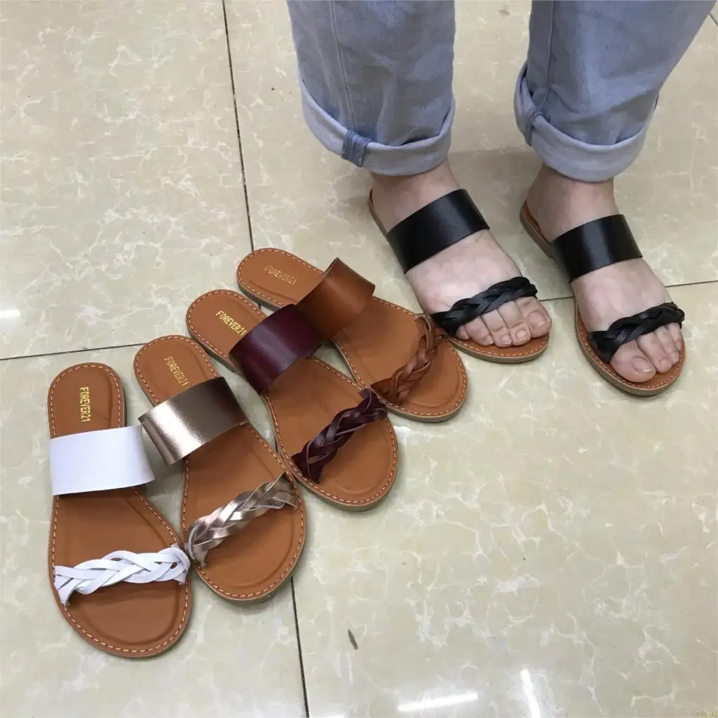 Factory direct women's leather solid color two-layer flat bottom beach seaside holiday fashion slippers | Обувь