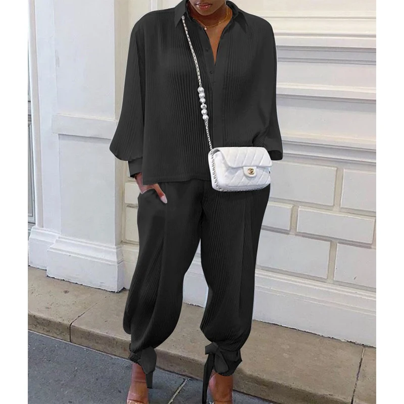 

2021 Spring Women's Tying Feet Trousers + Polo Top With Buttons V-neck Temperament Commuter Ladies Pleated Suit Fashion Clothing