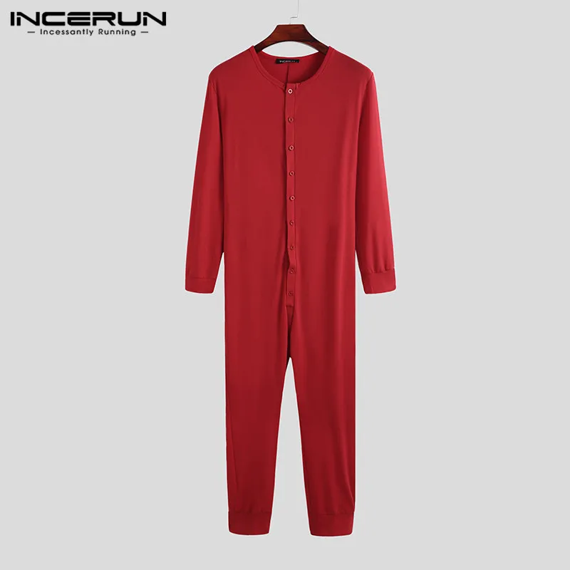 INCERUN Men Pajamas Jumpsuit Homewear Solid Color Long Sleeve Comfortable Button Leisure Sleepwear Men Rompers Nightwear S-5XL
