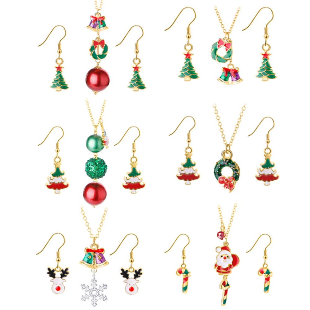 

Fashion Necklace Earrings For Women Snowman Bell Elk Snowflake Shape Chain Pendant Earrings Jewelry Set
